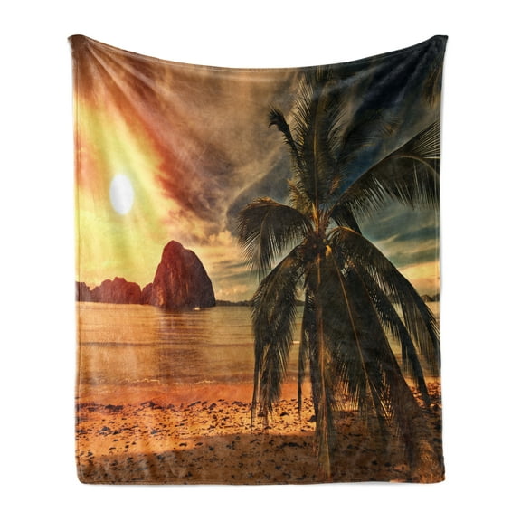 Tropical Soft Flannel Fleece Blanket, Exotic Beach with Coconut Palm Tree and Horizon Sunset Calm Panorama, Cozy Plush for Indoor and Outdoor Use, 70" x 90", Orange and Olive Green, by Ambesonne