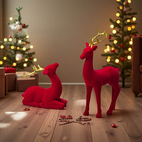 Eespoir Christmas Set Of Standing /Lying Flocked Elkss Decorations, Sitting Standing Deer Statues, Modern Creative Tabletop Ornaments, for Living Room Home Office Decor & Gifts