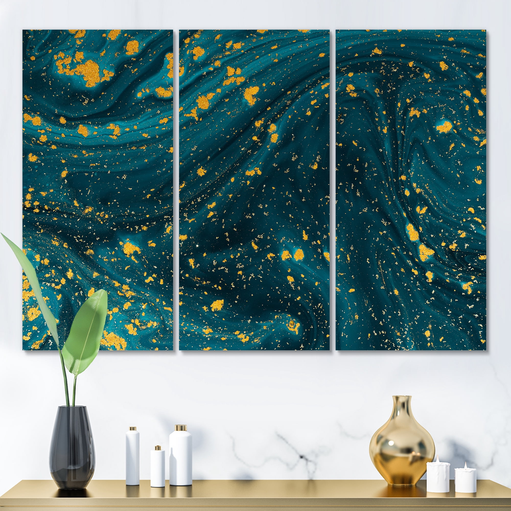 Designart ' Golden Glitter With Dark Blue Marble ' Modern Canvas Wall Art Print