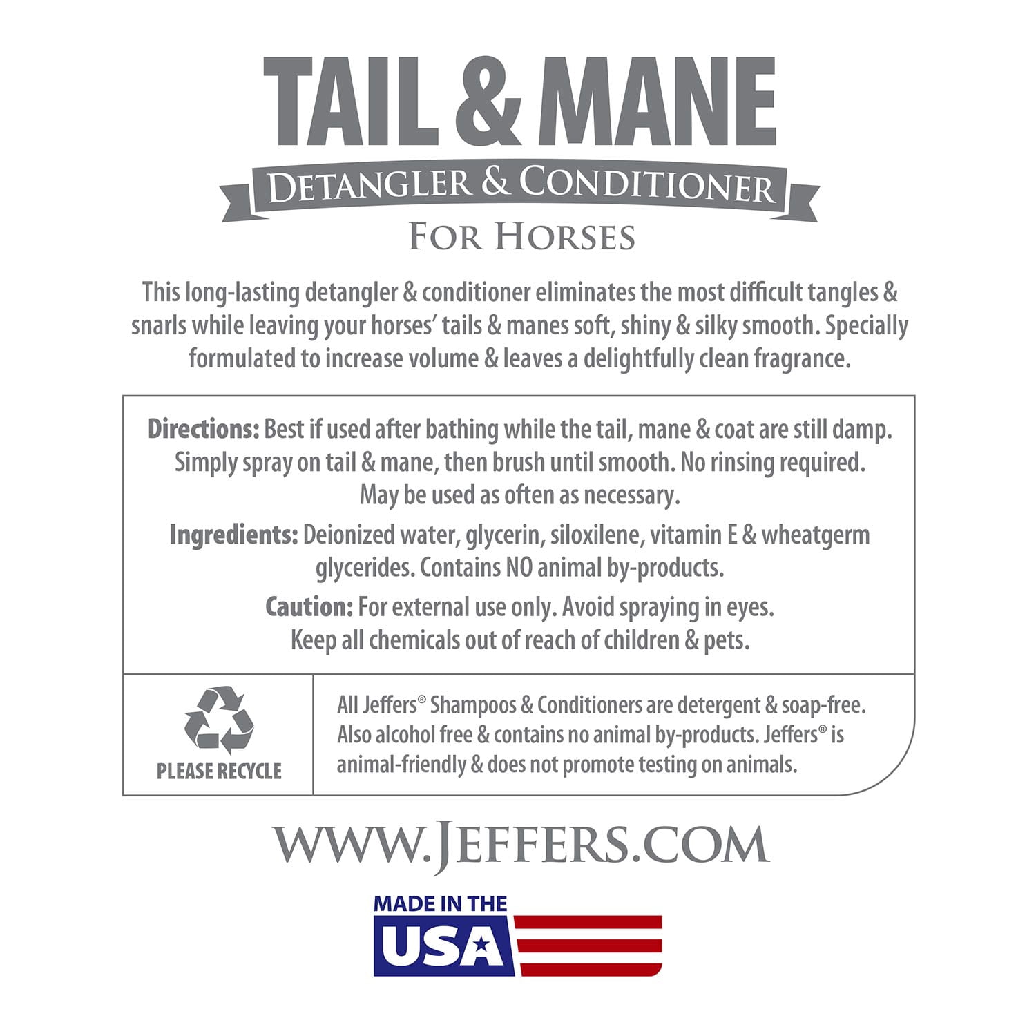Jeffers Equine Tail & Mane Detangler & Conditioner for Horses, 128 oz Gallon – Soap Free, Non Greasy Formula, Helps Loosen Knots & Tangles, Frizz Control, Soft Silky Shine, Fresh Scent, Made in USA