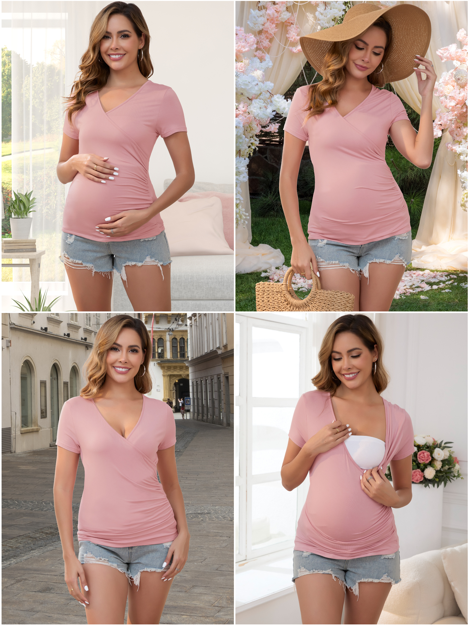 DARING DIVA Women's 2 Packs Ruched V Neck Maternity Nursing Blouse M Black&Pink