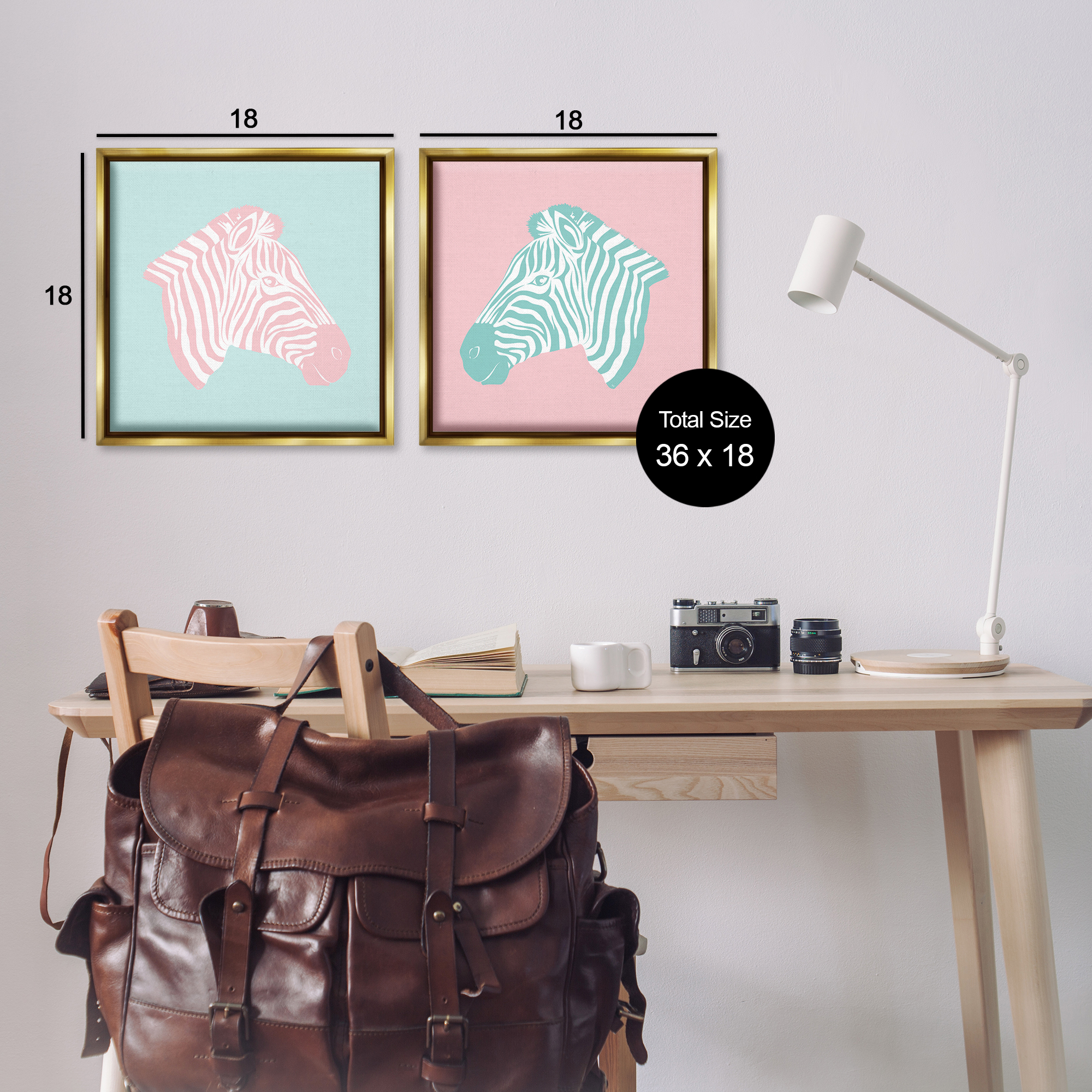 Stupell Industries Sweet Pink and Teal Zebras Animals Painting Gold Floater Framed Canvas Art Print Wall Art, 18 x 18, Set of 2
