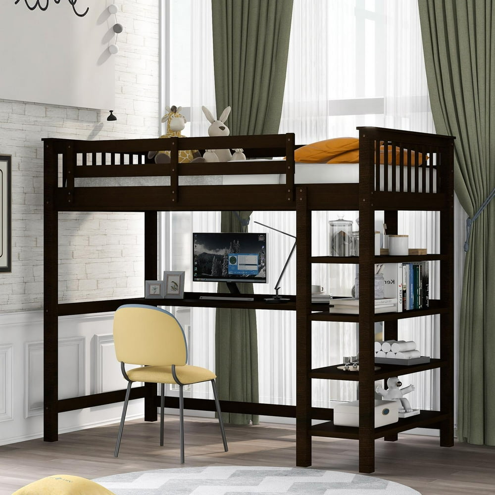 Twin Size Loft Bed with Underbed Desk and Storage Shelves, Rubber