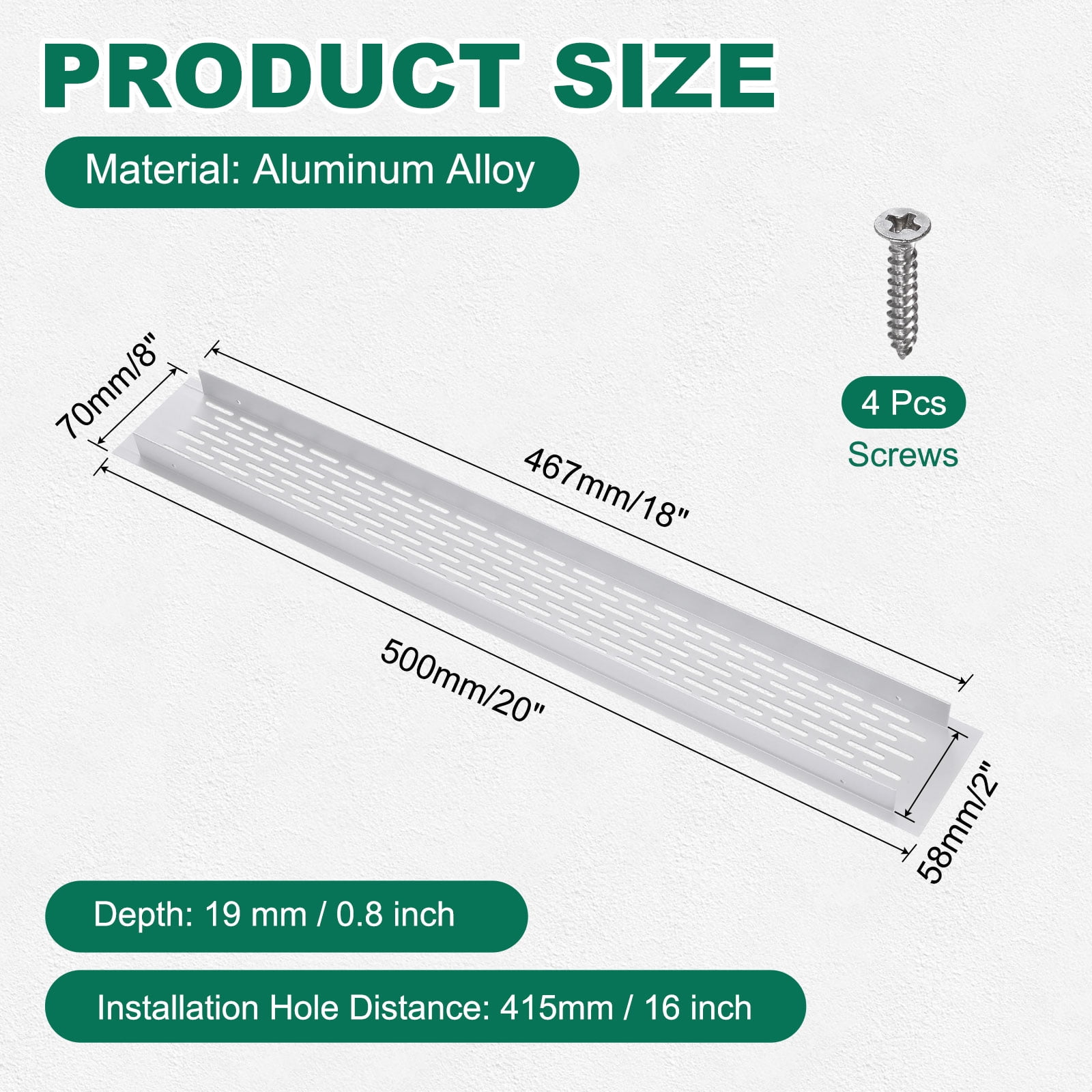 Uxcell 1Set Air Vent Cover, 20 x 3   Inch Heavy Duty Aluminum Grille Ventilation Cover with 4 Mounting Screws for Cabinet Wardrobe Kitchen Shoe Cabinet, Silver