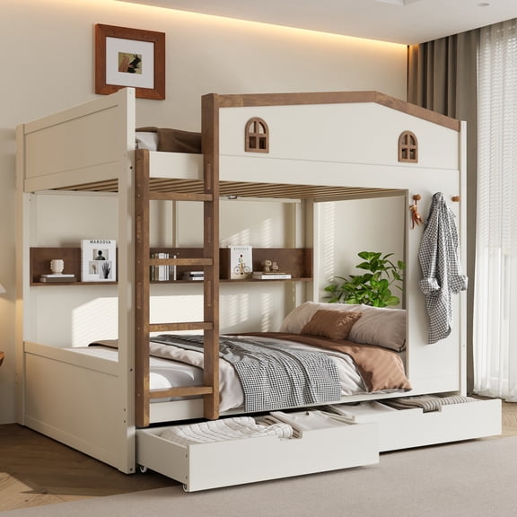 Queen Over Queen Solid Wood Bunk Bed with Storage Drawers & Shelves - Includes Hooks, No Box Spring Needed,Beige-Natural