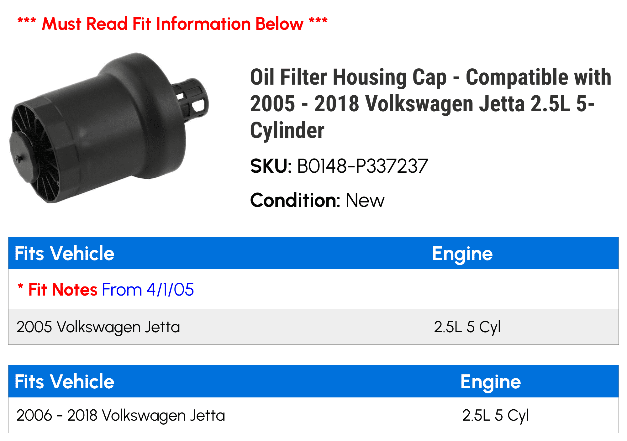 Oil Filter Housing Cap - Compatible with 2005 - 2018 Volkswagen Jetta 2.5L 5-Cylinder 2006 2007 2008 2009 2010 2011 2012 2013 2014 2015 2016 2017