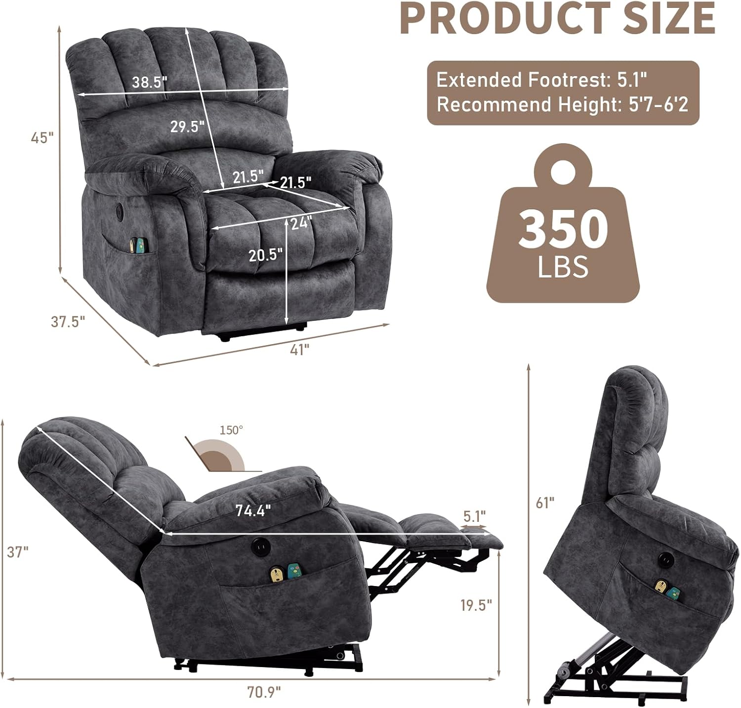 EPICOZY Large Power Lift Recliner Chair for Elderly Big Tall Man, Overstuffed Heated Massage Wide Electric Recliners with Extended Footrest, 2 Remote Controls, Side Packets & USB Ports, Fabric Grey
