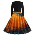 thumbnail image 3 of Fartey Women Halloween Midi Dresses Retro Splicing Big Hem Dress Hepburn Style Long Sleeve Crew Neck A-Line Dress with Belt Funny Halloween Print Swing Dress Vintage Cocktail Party Dresses, 3 of 3
