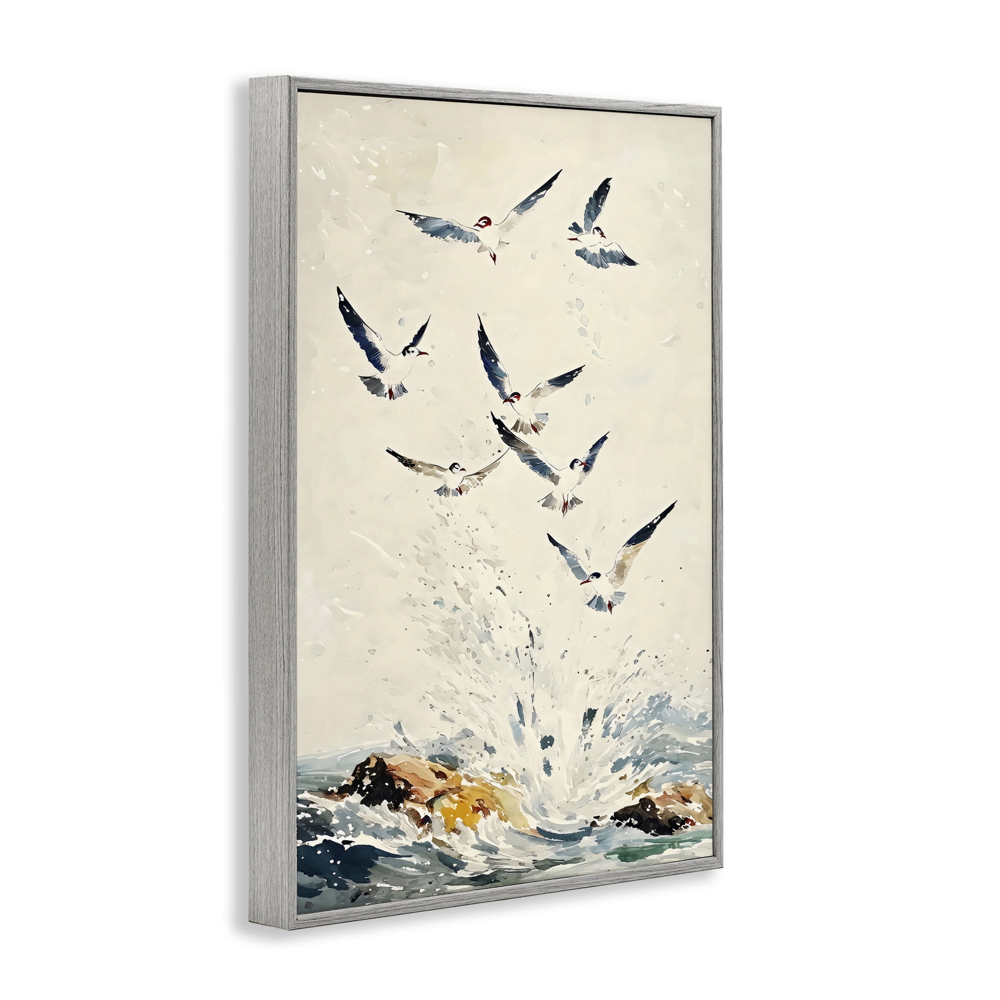 Stupell Industries Waves of Seagulls over Rocks Gray Framed Giclee Art, design by Creative Studio