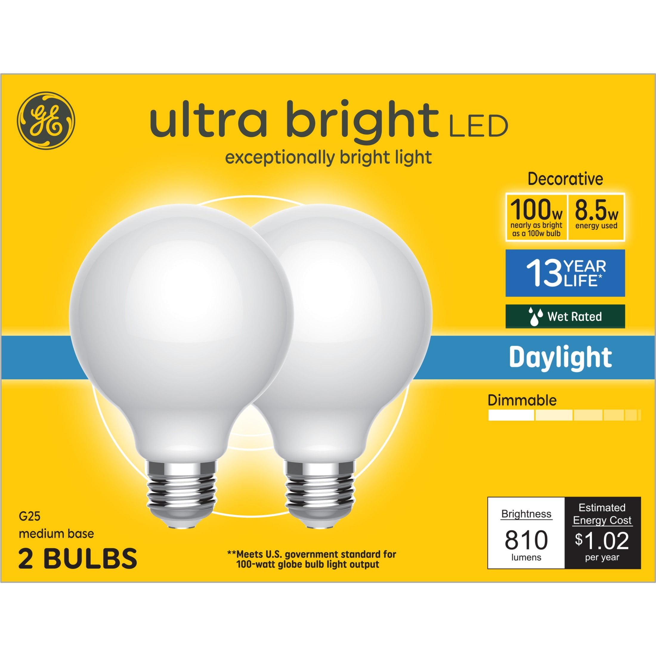 (4 pack) GE G25 Ultra Bright LED Light Bulbs, Daylight 100 Watts Globe Light Bulbs, 2pk