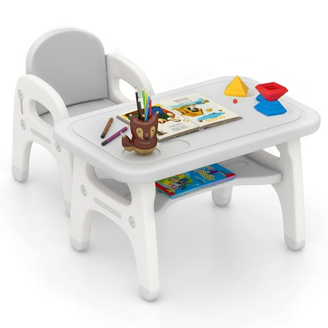 Gymax Ensemble Table et Chaise pour Enfants avec Mignonne Étagère de Rangement pour Modélisation de Dinosaures et Blocs de Construction