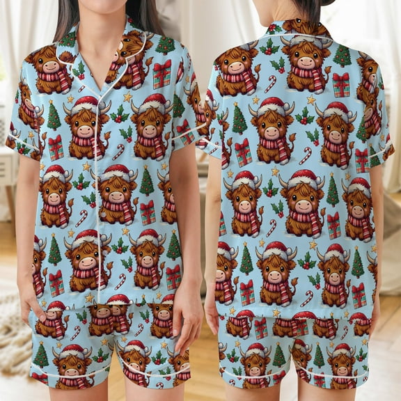 Lotusprinthandmade Cute Cow Christmas All-over Print Satin Short-Sleeve Pajamas Set (No Pocket) (S), christmas pajamas set, cow holiday gift pajamas set