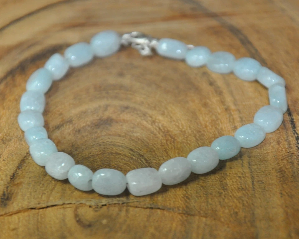 ROYALGEMSTONE Natural Aquamarine Oval Beaded Necklace, Light Blue Gemstone Jewellery