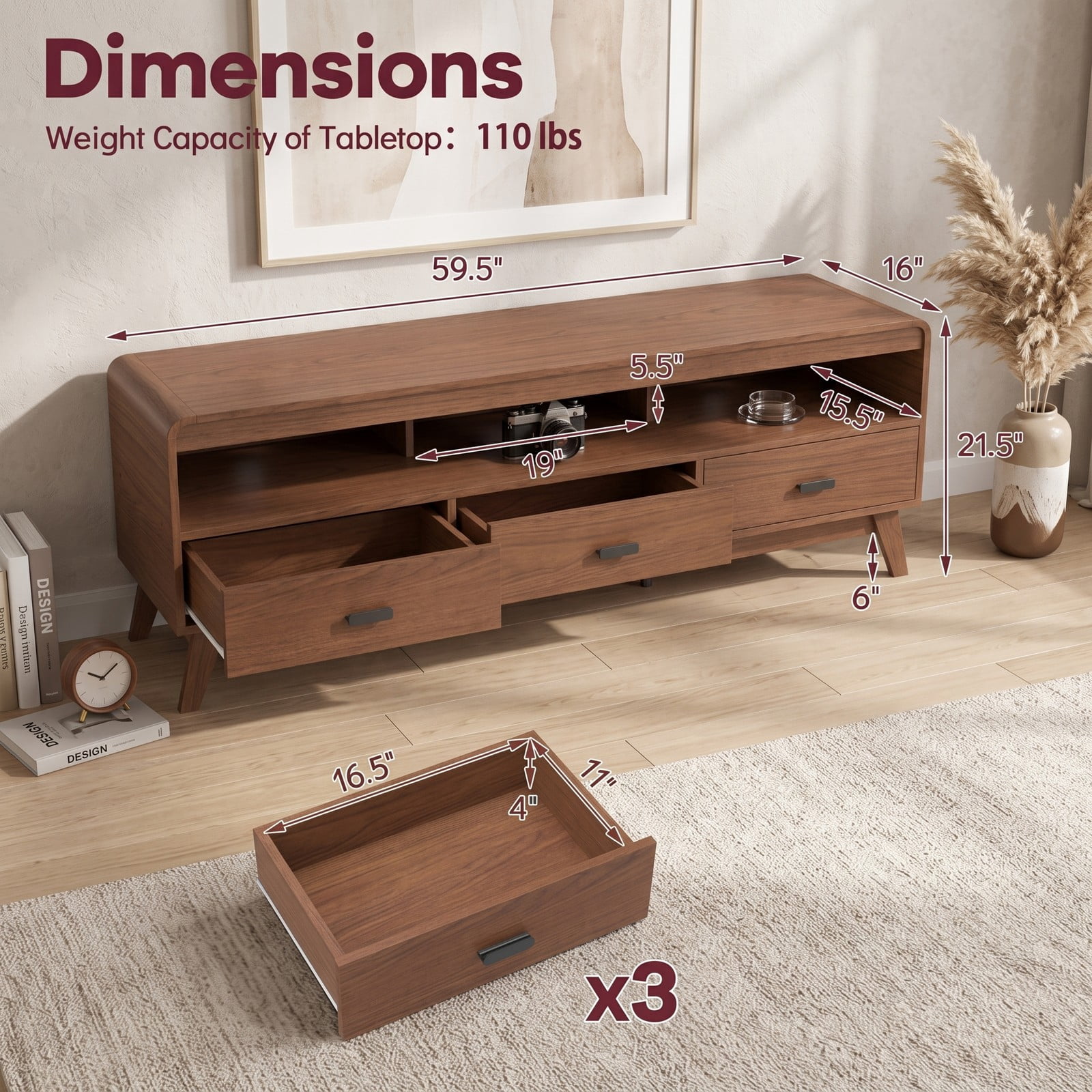 Furnibear Mid Century Modern TV Stand for TVs up to 70 Inch, Wood Entertainment Center Media Console with 3 Storage Drawers and Open Shelves for Living Room, Walnut