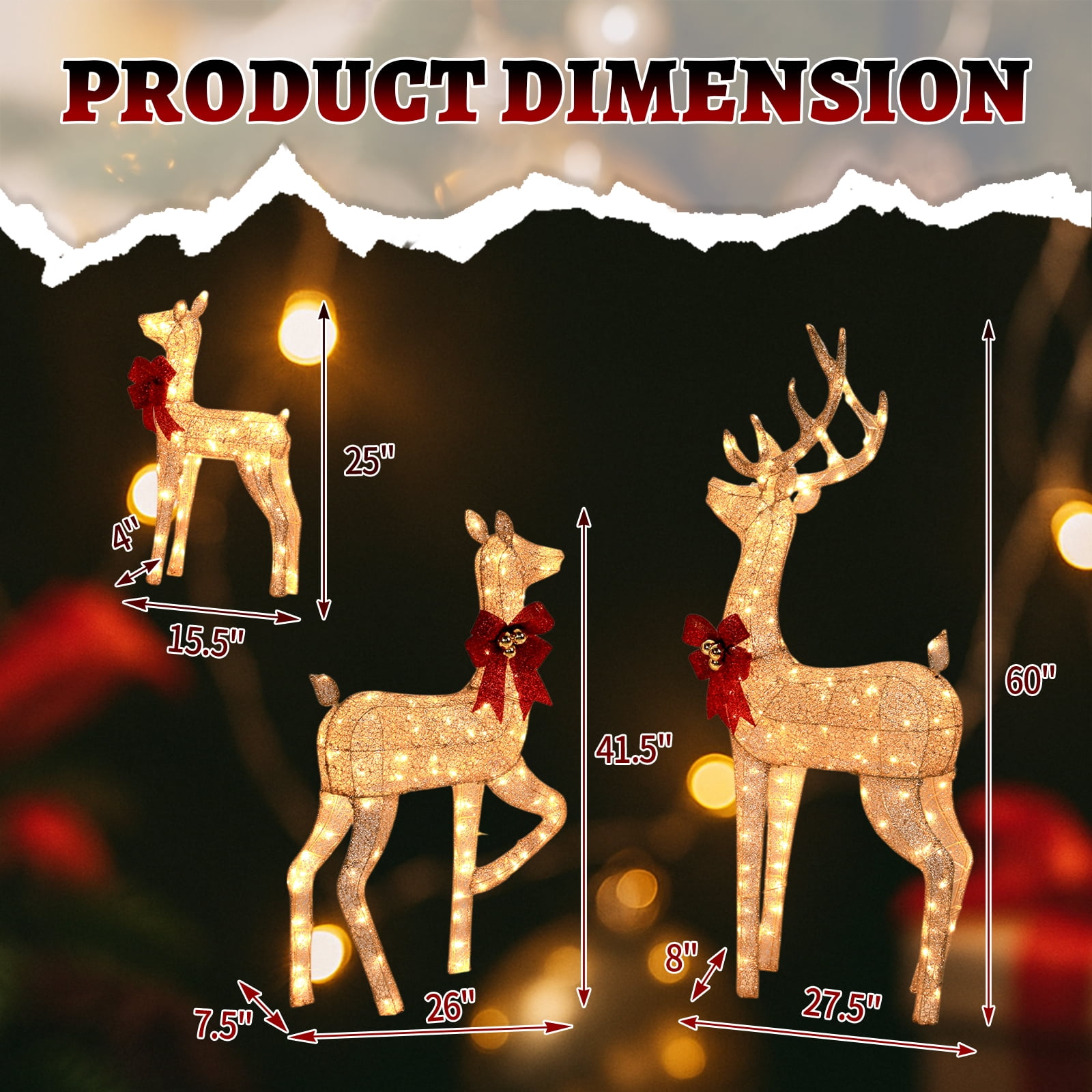 Astoutdoor 3-Piece Lighted Christmas Reindeer Family Set, Pre-Lit 290 LED Warm White Lights, White, Indoor Outdoor Holiday Decoration