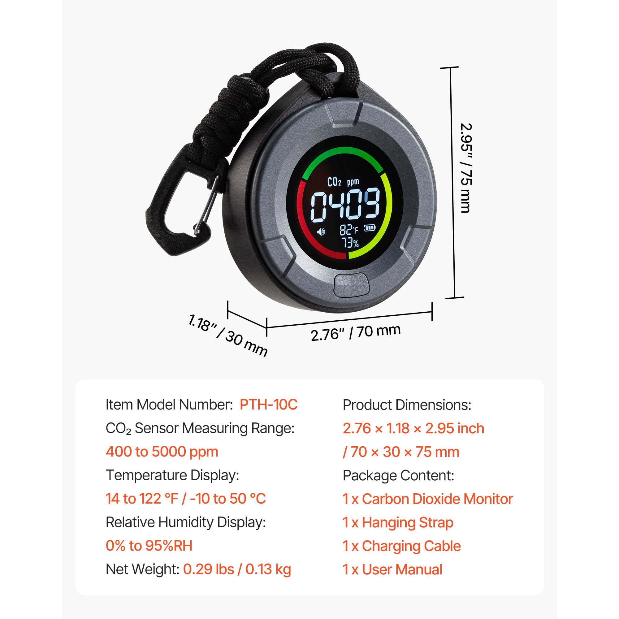 Carbon Dioxide Monitor Indoor Air Quality Tester with CO2 Detector, Temperature Humidity Display, Portable Rechargeable Air Quality Monitor for Home Office Bedroom Classroom Greenhouse