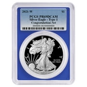 2021-W Proof $1 Type 1 American Silver Eagle Congratulations Set PCGS PR69DCAM Blue Label Blue Frame