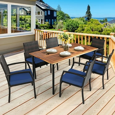 Gymax 7PCS Patio Dining Furniture Set Yard w/ Wooden Tabletop Navy Cushions