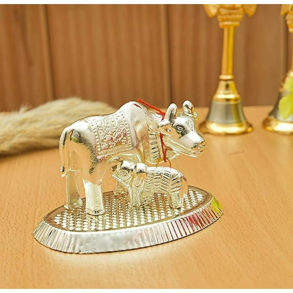 Swadeshi Desire Metal Kamdhenu Cow with Calf for Home and Office Temple Gift Item Puja Item Decorative Showpiece - 5 cm (Metal, Silver)