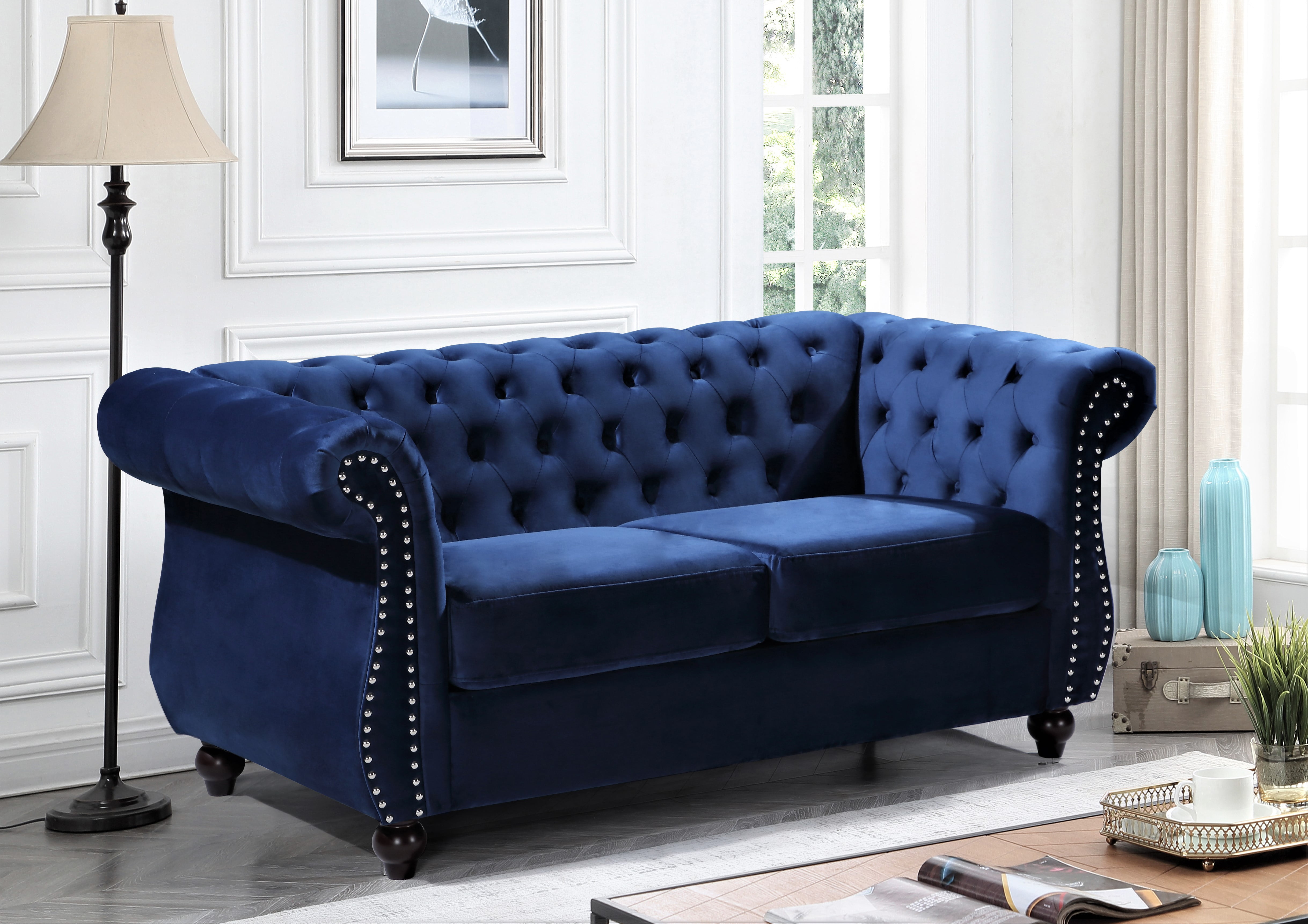 Uspridefurniture Fender 67.6'' Velvet Rolled Arm Loveseat,Blue
