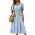 thumbnail image 2 of Dolkfu Short Sleeve Fall&Winter dresses for Women V-Neck Waist Cinched Blue Long Fit & Flare Dresses Refined Polka Dot Light Blue,S, 2 of 6