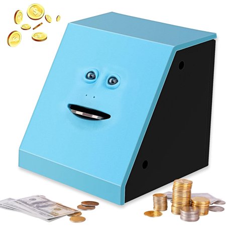 Face Bank, Piggy Bank Coin Eater Funny Bank, sunsbell Money Eating Coin Bank Piggy Bank Boalord, Battery Powered Money Saving Box, Wacky Coin Jar Face Coin Bank - Blue
