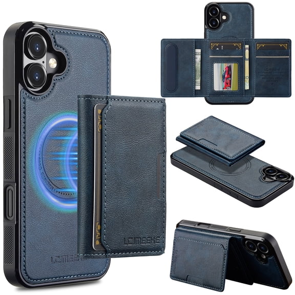 Detachable Magnetic Wallet Case for iPhone 17, Premium PU Leather RFID Blocking Card Holder with Kickstand, TPU Shockproof Drop Protective Slim Cover, Wireless Charging Compatible, Blue