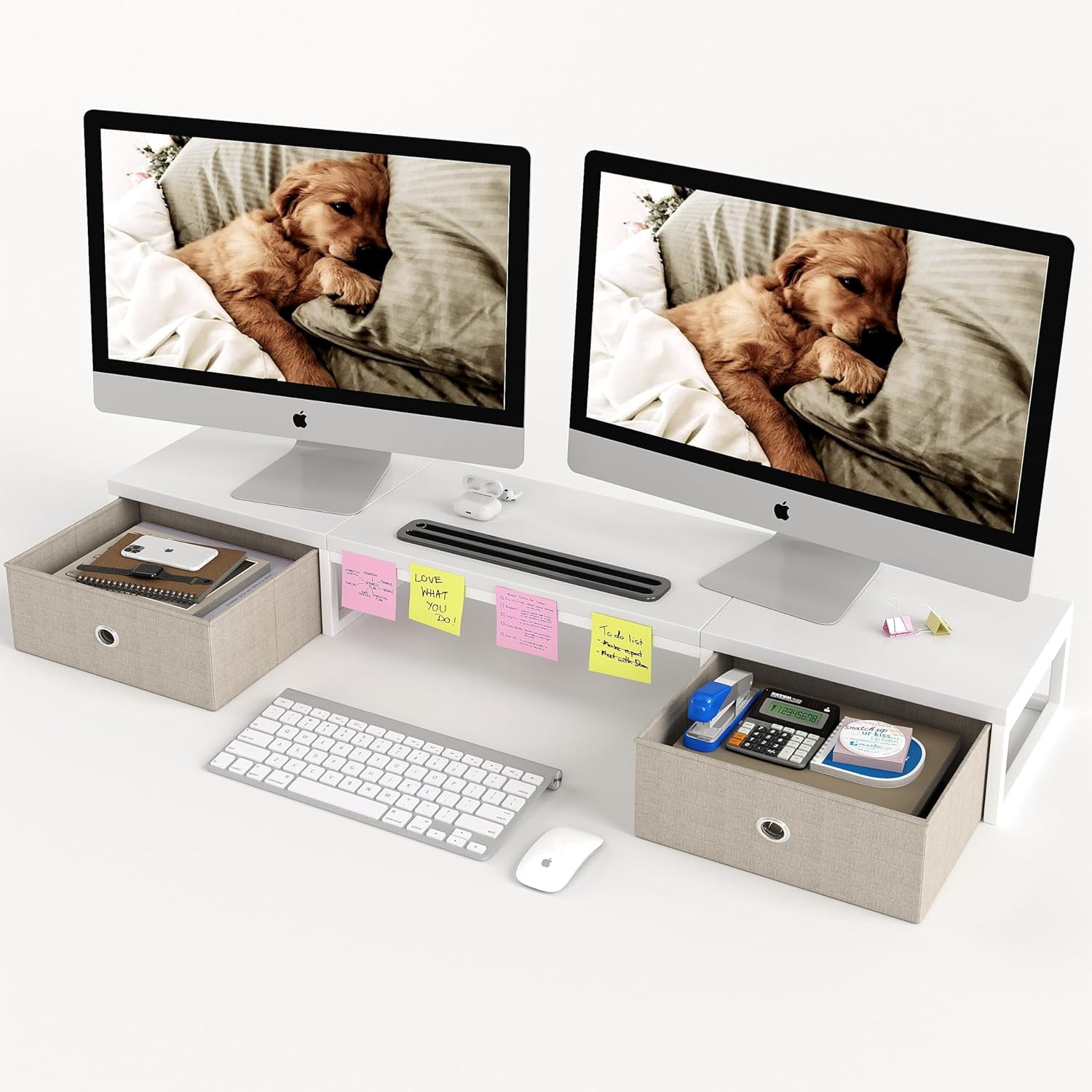 Dual Monitor Stand Riser with 2 Drawers - 39Inch Large Storage Computer Monitor Stands for 2 Monitors, Wooden Desktop Organizer Perfect for Home Office Desk, Computer, Laptop, TV, White