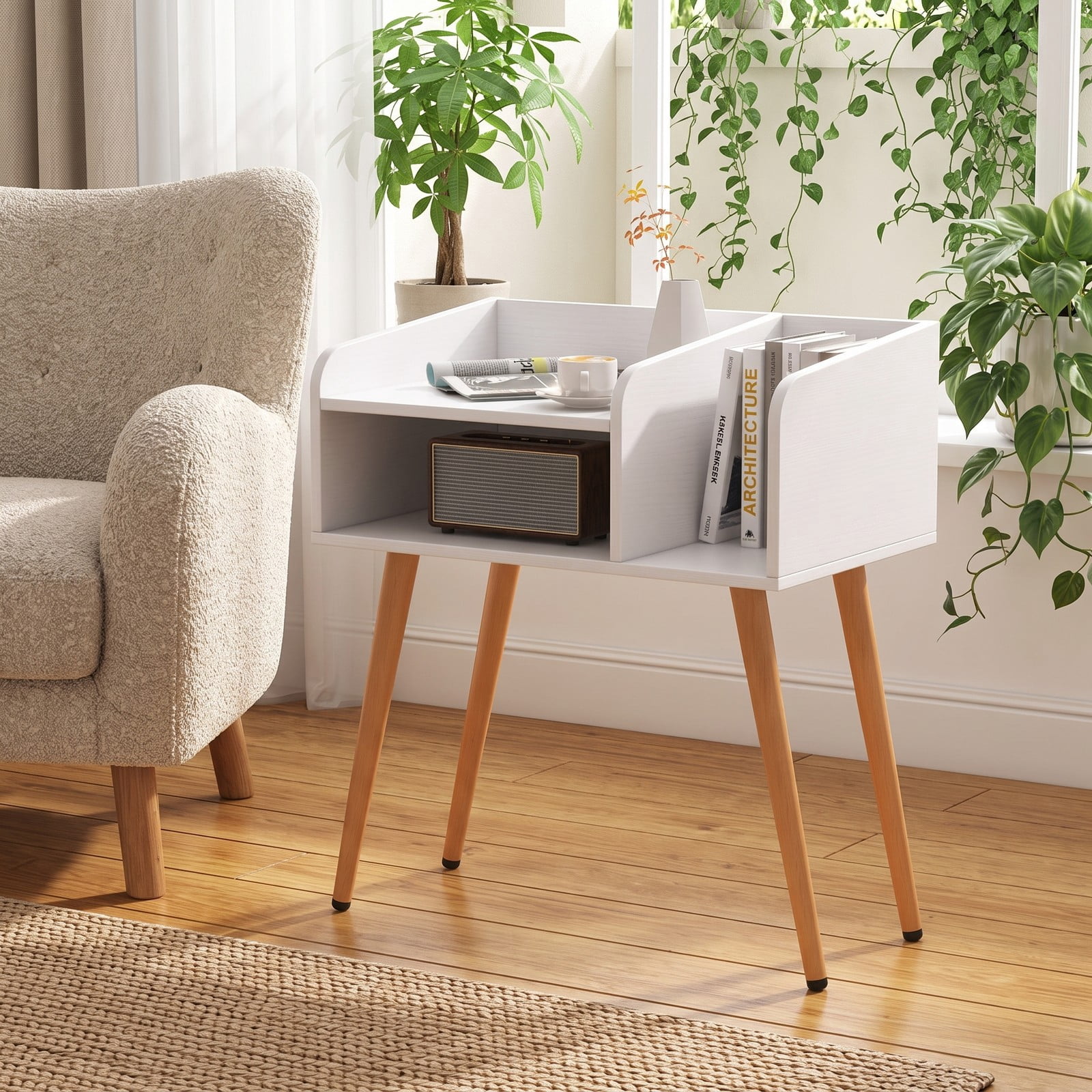 Furnibear Mid Century Modern Nightstand with Open Shelves and Wood Legs for Bedroom Living Room and Small Spaces as a Bedside End Table, White