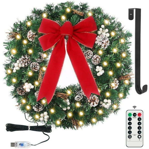 Gamexcel USB 24inch Christmas Wreath with White Pinecone,White Berries,Remote 50LED Warm White Lights and hanger