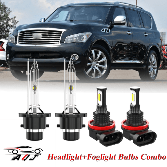 For Infiniti QX56 2011 2012 2013 White Front HID Headlight High-Low   LED Fog Light Bulbs