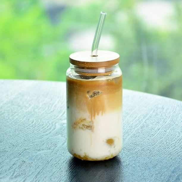 Taza de vidrio transparente con tapa de madera de bambú para sala de estar, taza de Coca Cola para el hogar, vidrio de borosilicato, taza de una sola capa para jugo de limón, leche, té y pajita
