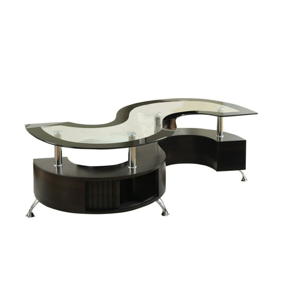 S Shape Contemporary Wood Base Coffee Table with Glass Top,Silver and Brown