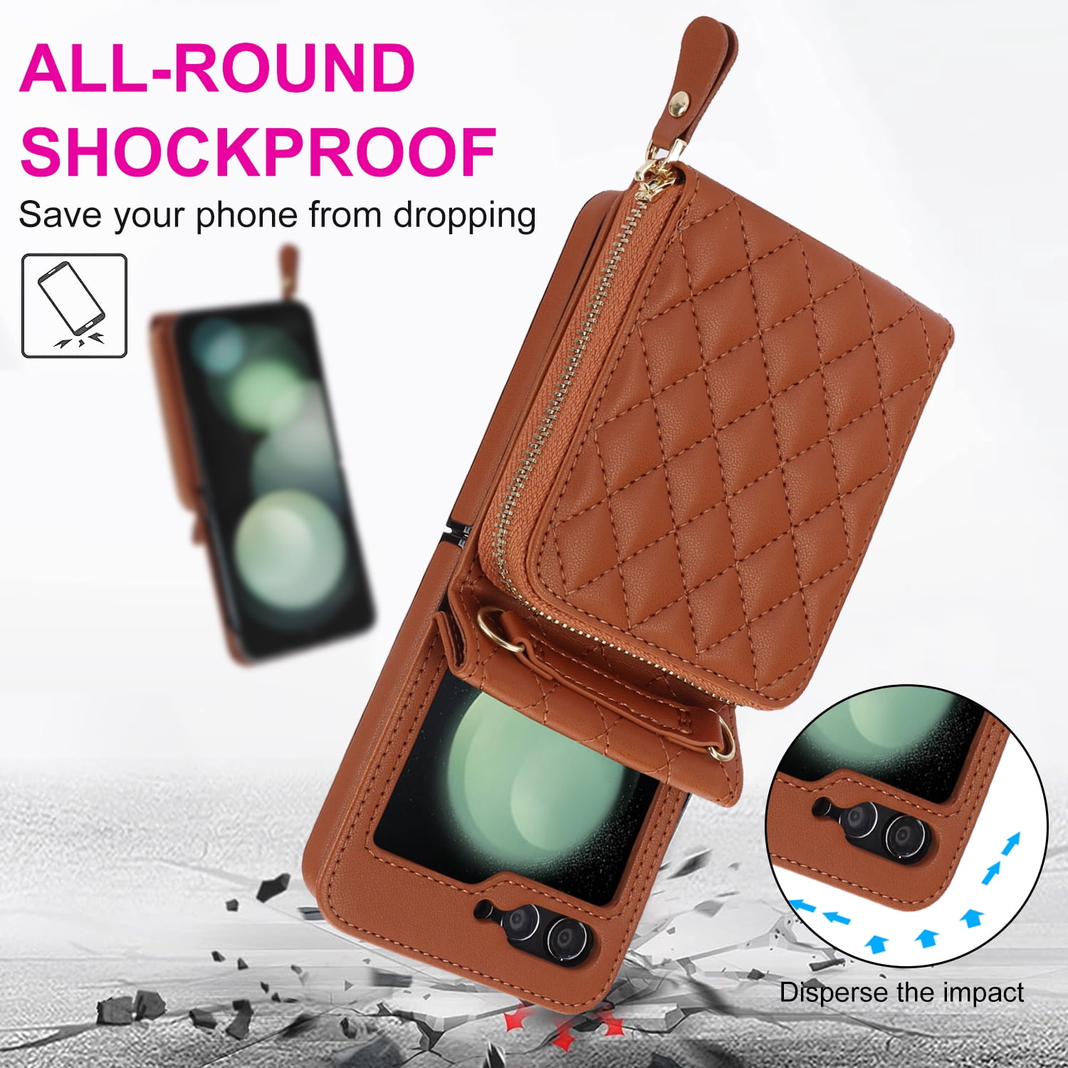 Allytechgroup Galaxy Z Flip 7 Wallet Case with Hand Wrist Shoulder Strap, Premium PU Leather Cards Slots Zipper Pocket Shockproof Protective Phone Case Cover for Samsung Galaxy Z Flip7, Brown