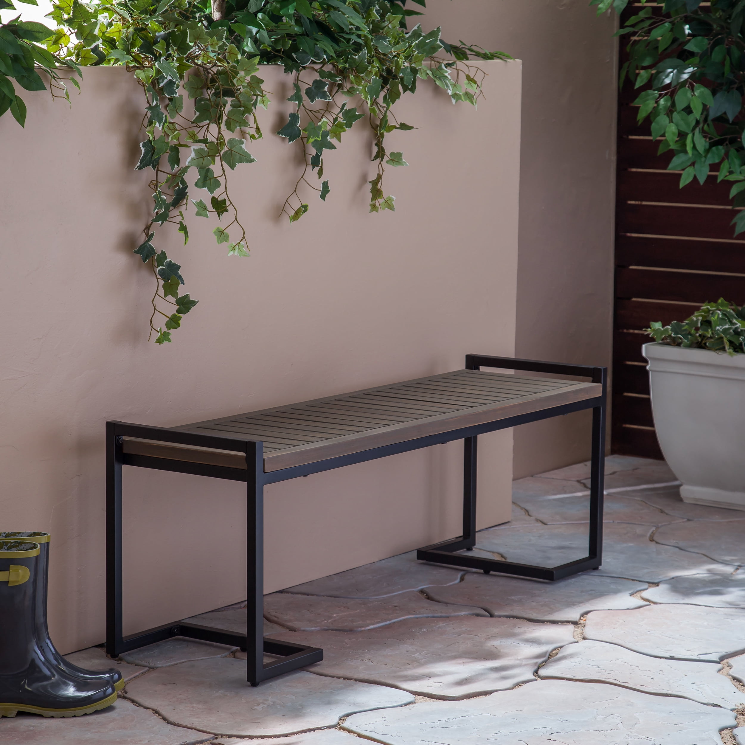 Outdoor Industrial Style Leisure Bench, Wood and Metal Combined Rest Seat for Patio Garden, Gray and Black