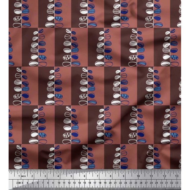 Soimoi polyester Crepe Fabric Check & Leaves Artistic Print Fabric by Yard 42 Inch Wide