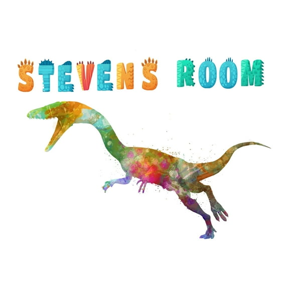 Custom Name Watercolor Splashes Cartoon DinosaurWall Decal Decoration Joyful Cartoon Cartoon Animals Decorating Ideas for Child's Bedroom Size: 10 In(W) x 7 In(H)