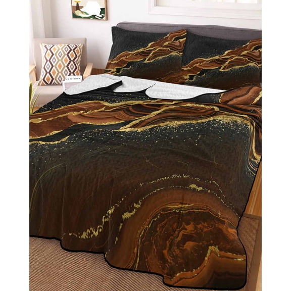 Brown Marble King Size Down Alternative Comforter, Lightweight Comforter Quilt Bedding Set with Pillow Shams Gold Abstract Vintage Modern Ombre Art All Seasons Bed Comforter Duvet Insert 96"x106"