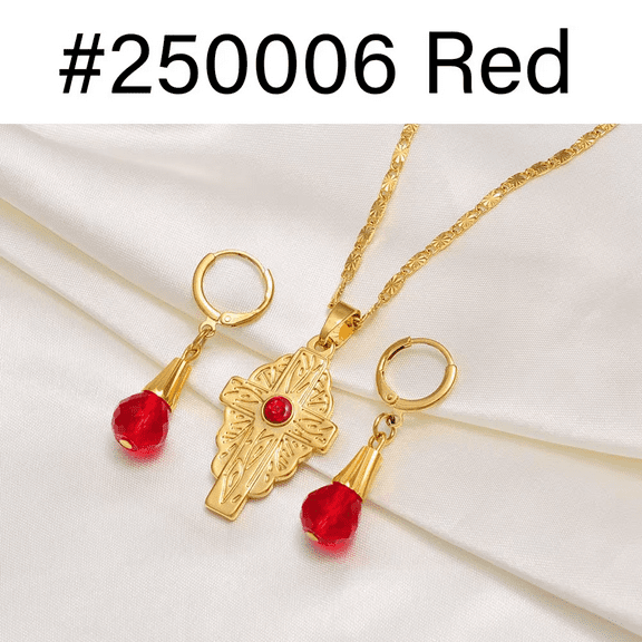 Lordluxury 14k Yellow Gold Hawaiian Bead Ball Jewelry sets Cross Pendant Necklaces Colored Crystal Earrings Guam Micronesia Chuuk Pohnpei