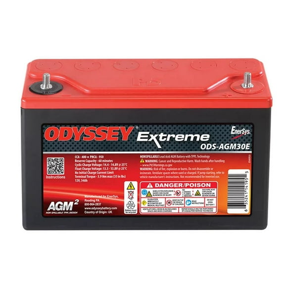 Odyssey Battery Battery ODS-AGM30E Extreme Series; 12 Volt; 400 Cold Cranking Amps; M6 Receptacle Terminal; 9.8 Inch Length; 3.8 Inch Width; 6.1 Inch Height