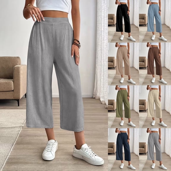 Miluxas Womens Comfortable Lightweight Wide Leg Trousers Pull on Elastic Waist Cropped Pants with Pockets for Business Casual Navy