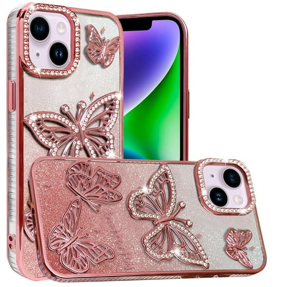 Designed for Apple iPhone 11 Luxury Butterfly Sparkle Glitter Diamond Crystal Rhinestone Shimmer Bling Plating Thick TPU Hard PC Phone Case Cover - Rose Gold