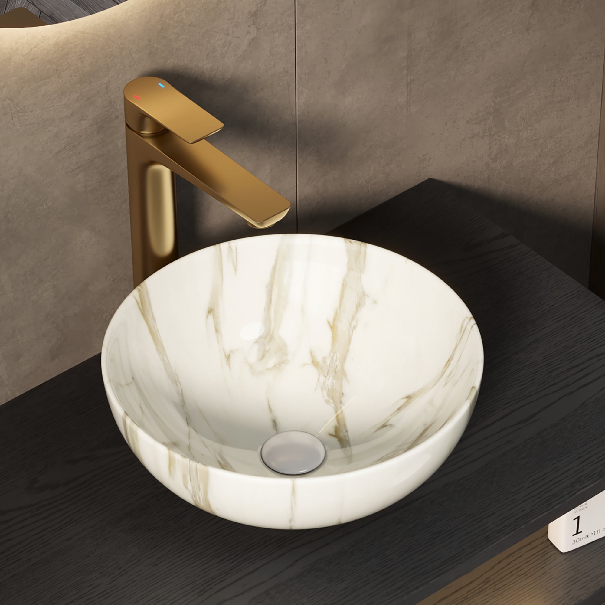 Wohh 14 Inch Bowl Shape Bathroom Sink with Marble Pattern, Small White Ceramic Integrated Countertop Vessel Sink, 14.17 x 5.51 Inch Durable Porcelain Vanity Basin for Vanity Storage Cabinet Use