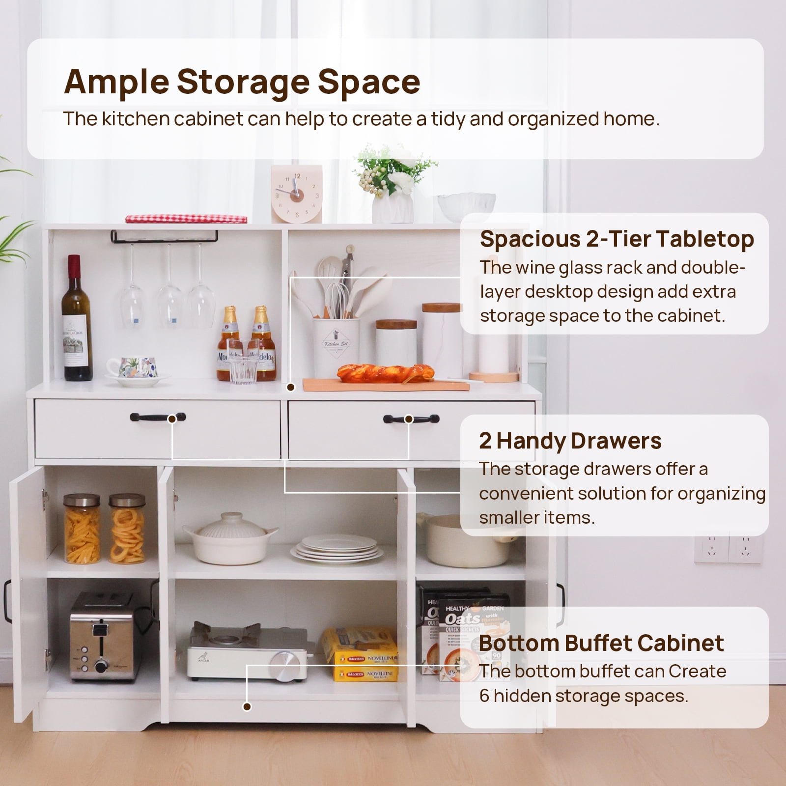 Walsport 47'' Coffee Bar Cabinet - Farmhouse Sideboard Buffet Cabinet with Storage - Kitchen Pantry Storage Cabinet with Doors and Shelves for Dining Room, Living Room, Kitchen (White))