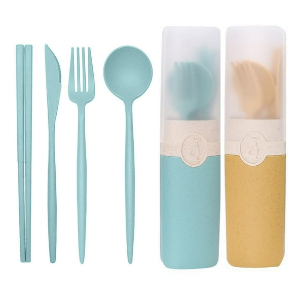 Ensemble d'Ustensiles de Camping, Ensemble d'Ustensiles de Voyage avec Étui, 2 Ensembles de Couverts Réutilisables en Paille de Blé, pour Voyage Pique-Nique Camping Ou Usage Quotidien, Vert+jaune