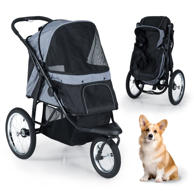 Gymax 3-Wheel Pet Stroller for Small & Medium Dogs Foldable Cat Stroller Jogger w/ All-Terrain Rubber Tires