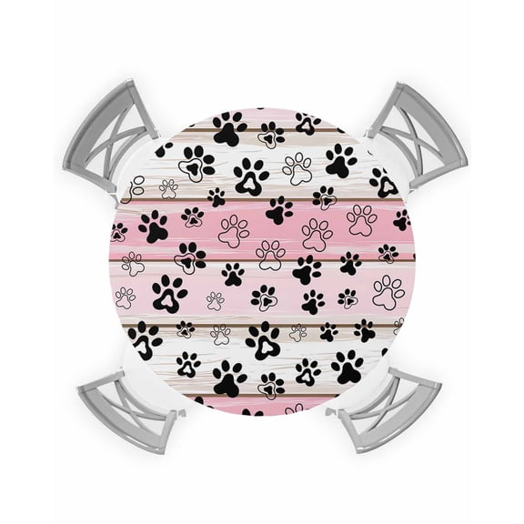 nqOlkjepod Pink Beige Paw Print Round Tablecloth, Fitted Table Cover with Elastic for 45"-54" Round Tables, Vintage Farmhouse Country Wooden Grain Table Cloth Dinning Party Waterproof Tablecloths