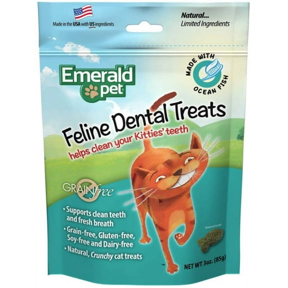 6 Pack Emerald Pet Feline Dental Treats Ocean Fish Flavor [Cat Dental Treats, Bulk Cat Supplies, Emerald Pet] 18 oz (6 x 3 oz)