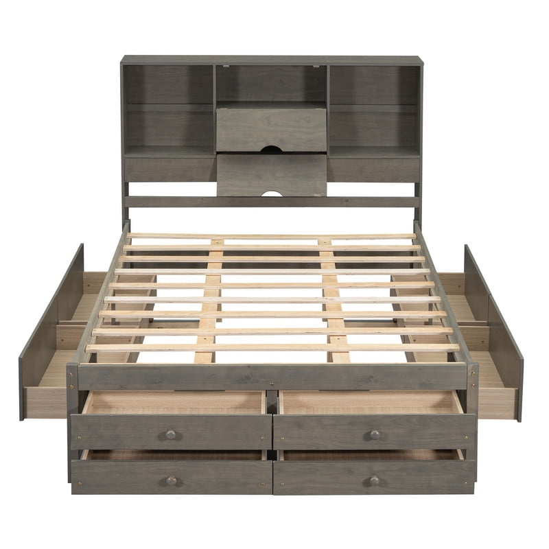 Queen Size Platform Bed with Bookcase Headboard, Storage Wooden Bed Frame with 8 Drawers