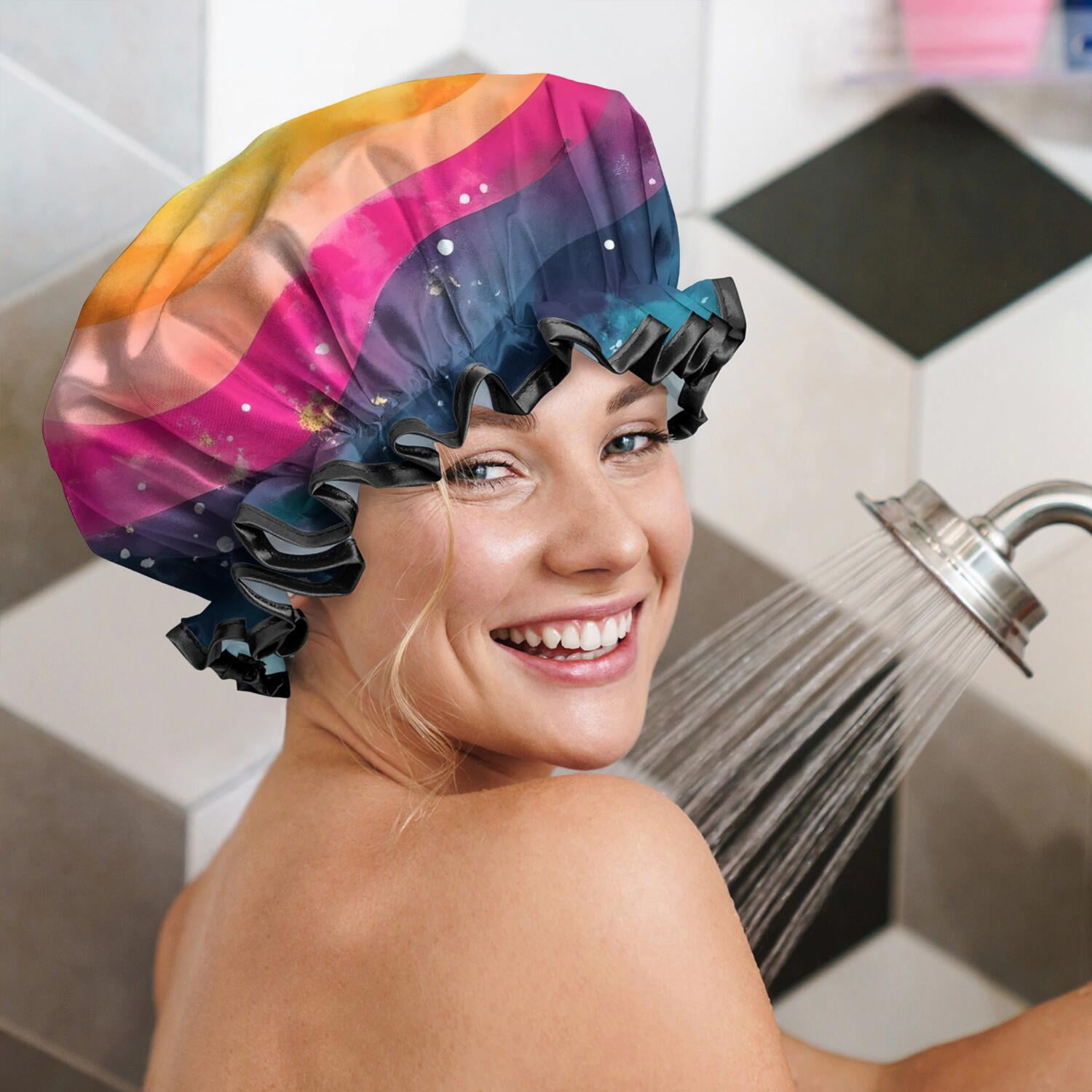 Shower Caps,Colorful Tie Dye Wave Pattern Waterproof Shower Cap for Women 4 Pieces,Double Reusable Hair Cover for Shower PEVA Elastic Stretch Hem
